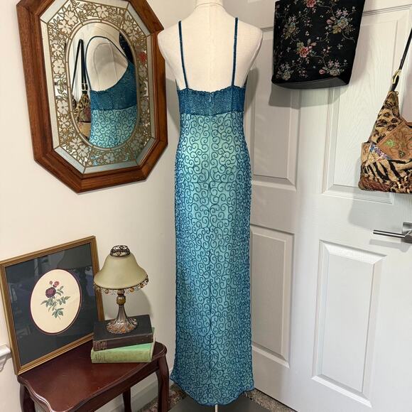 VTG Y2K Andretta Donatello Turquoise Blue Silk Beaded Swirly Formal Prom Dress - Picture 4 of 8